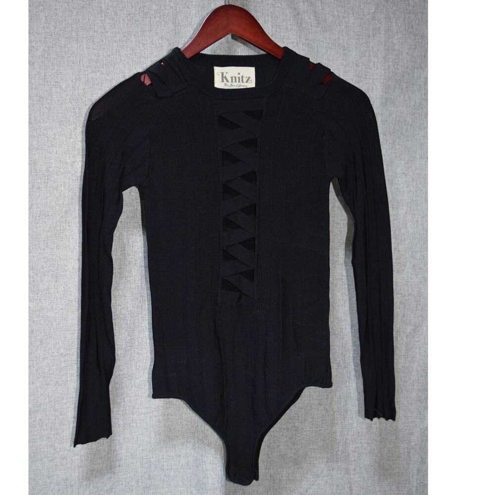 Knitz by For Love & Lemons Black Lattice Front Long Sleeve Bodysuit Size S